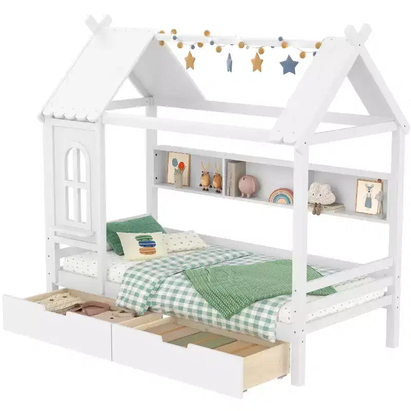 Haus-Plattformbett mit Aufbewahrungsschubladen und Fenster, Massivholzrahmen mit Regalen, kindgerechtes, lustiges Design, Hellweiß