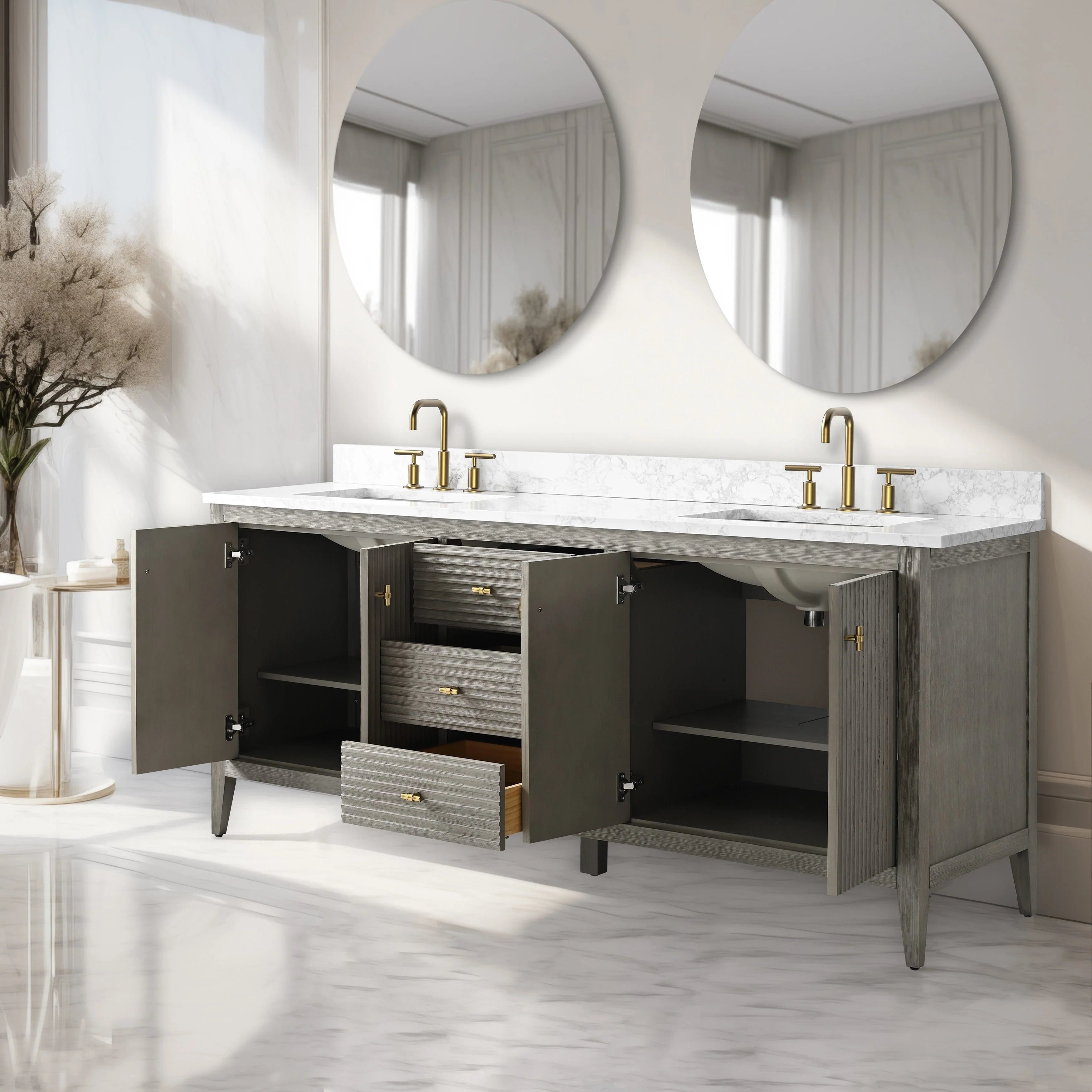 Vanity Art 72 Zoll Badezimmer-Waschtischunterschrank mit Doppelwaschbecken und Kunstmarmorplatte