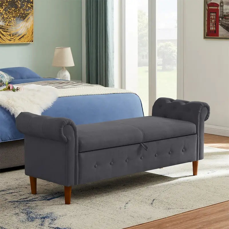 Sitzbank für Schlafzimmer, am Fußende des Bettes, mit gerollten Armlehnen, Samt-Ottomane, lange Bank