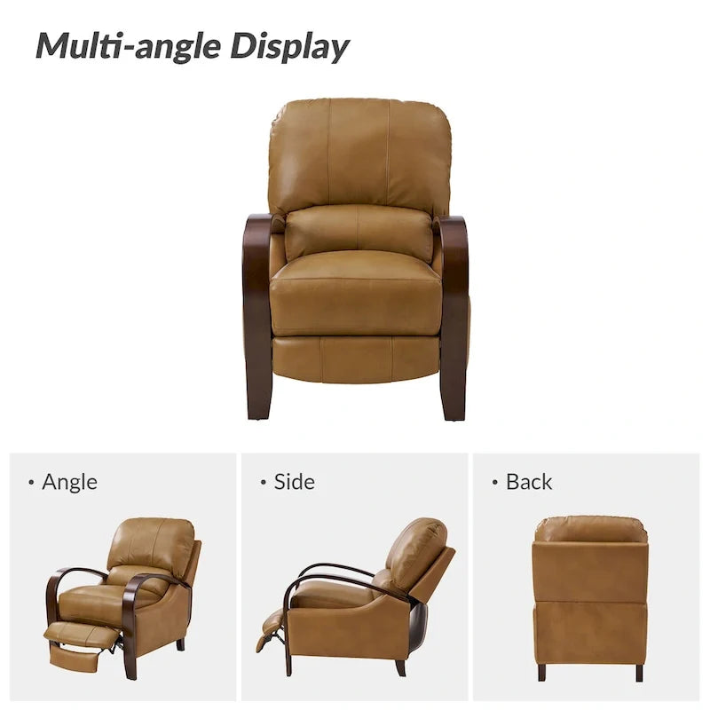Alex Mid-Century Modern Zigarren-Sessel aus echtem Leder mit manueller Relaxfunktion und geschwungenen Holzarmlehnen