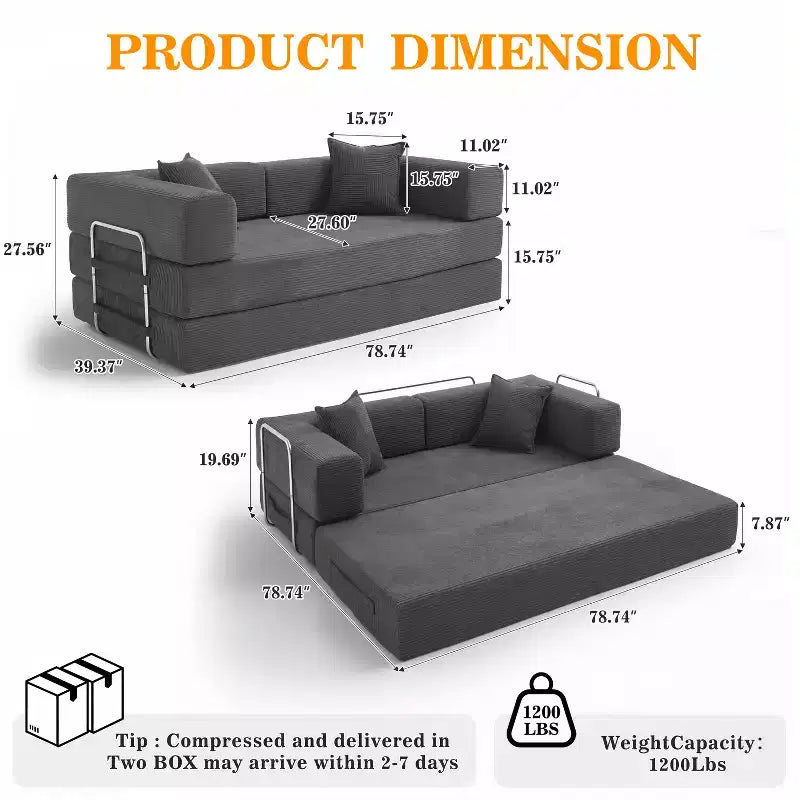 Dyonery 78 Klappsofabett, umwandelbare Kordsofa-Couch, King-Size-Bodenschläfer, 4-in-1 DIY-Kombination, modulares Sofabett, ausklappbares bequemes Sofa.