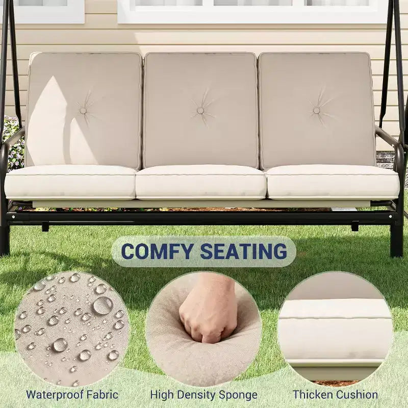 2-in-1 Cabrio 3-Sitzer Hollywoodschaukel mit verstellbarem Dach, Terrassenschaukelbett mit Gestell, dicken Kissen und Getränkehaltern, für Garten, Terrasse, Veranda