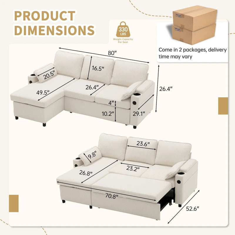 80 L-förmiges Schlafsofa, Sofabett mit Ausziehbett, umwandelbares Schlafsofa
