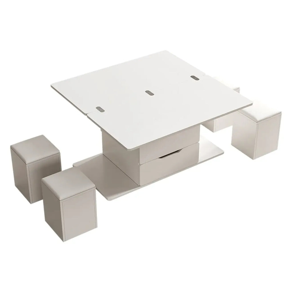 Klappbarer Couchtisch mit Liftfunktion, 4 Hockern und Stauraum
