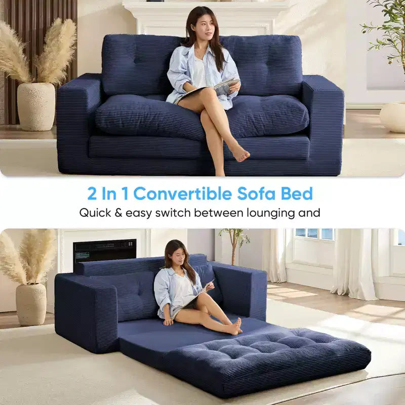 Mjkone 71" 2-in-1 Schlafsofa, umwandelbar, gerippter Stoff, klappbares Zweisitzer-Schlafsofa mit geknöpften Polstern, platzsparend