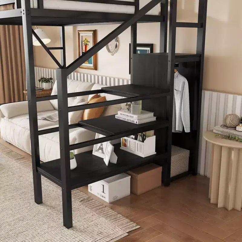Okak 94IN Hochbett in Doppelbettgröße mit Kleiderschrank, Doppelbett mit Ablagefächern und Korb, Bettrahmen für Schlafzimmer, Wohnheim