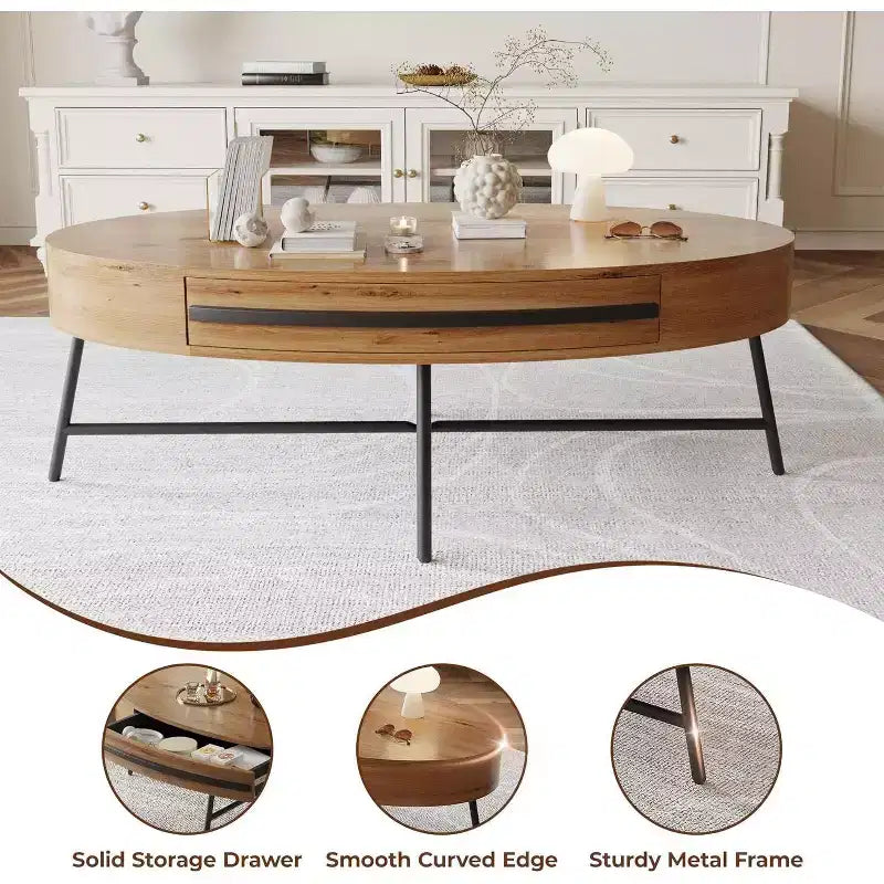 Acekool Ovaler Couchtisch mit Schublade, 120 cm Holz-Ablagetisch mit gekreuzten Metallbeinen, Mid-Century Modern Beistelltisch in Natur & Golden Willow