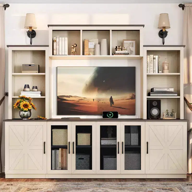Moderner TV-Ständer für 55-Zoll-Fernseher mit Ladestation, Medienkonsole mit großen Aufbewahrungsschränken, Entertainment-Center für das Wohnzimmer-Panipeachy