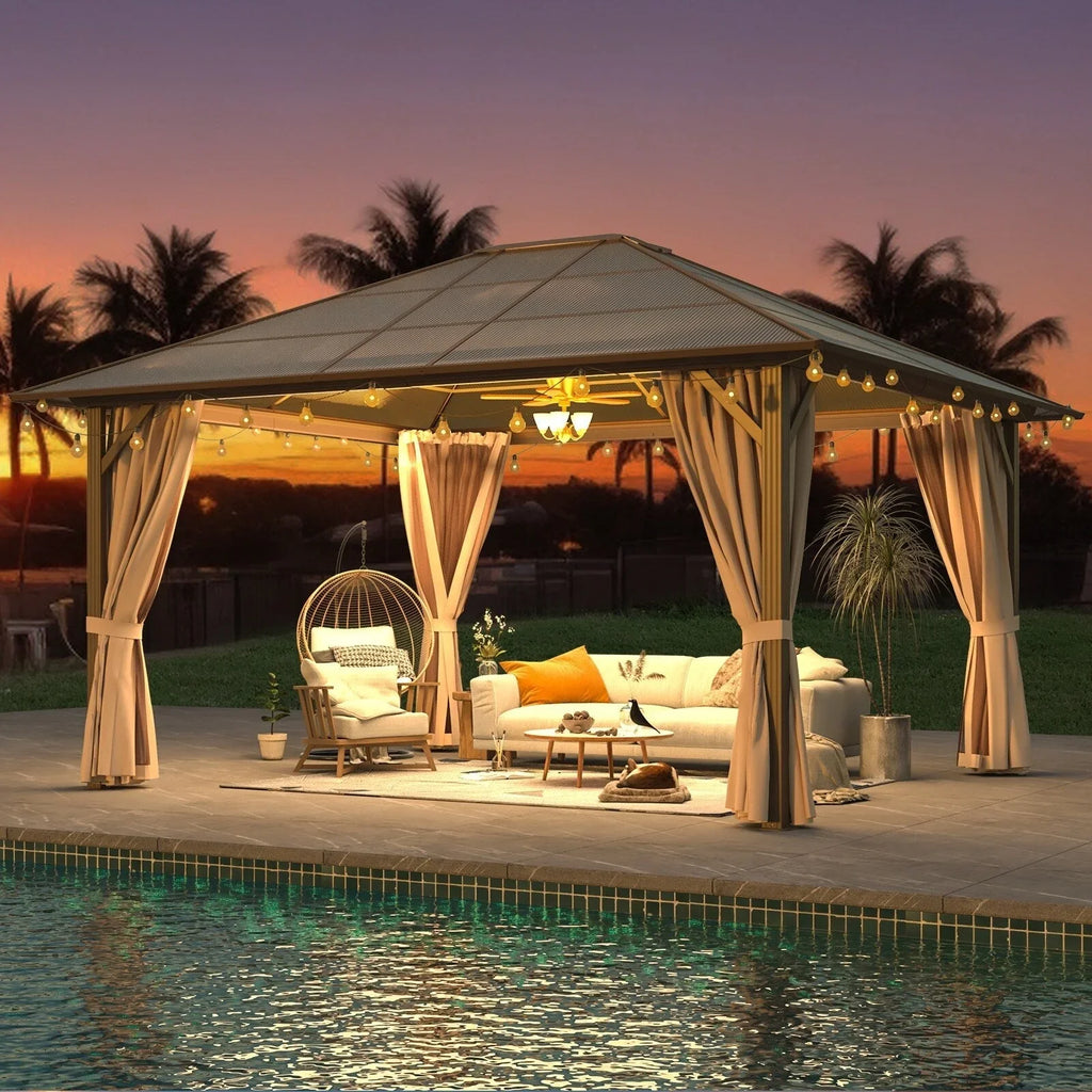 EROMMY Hardtop-Pavillon, Outdoor-Pergola mit Doppeldach & Netzen & Vorhängen, Hochleistungs-Canopy für Terrasse, Garten, Poolparty