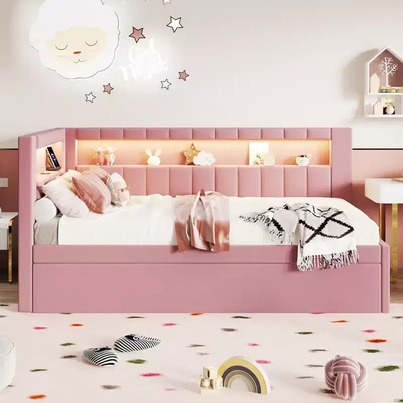 Einzel-/Doppel-Tagesbett mit Ausziehbett und L-förmigem Bücherregal-Kopfteil, gepolstertes Eckbett aus Leinen mit Ablageregalen und LED-Beleuchtung