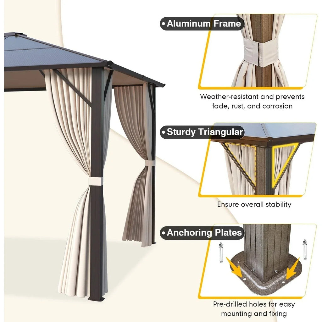 EROMMY Hardtop-Pavillon, Outdoor-Pergola mit Doppeldach & Netzen & Vorhängen, Hochleistungs-Canopy für Terrasse, Garten, Poolparty