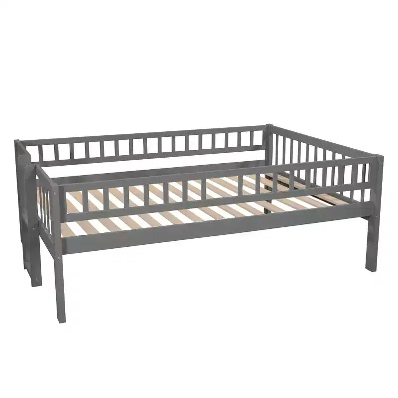 Doppelstockbett mit drei Etagen, Full-Size-Betten, umwandelbarer Leiter und Rutsche, Dreibettbett mit Schutzgeländern, Weiß/Grau/Espresso – ModernLuxe
