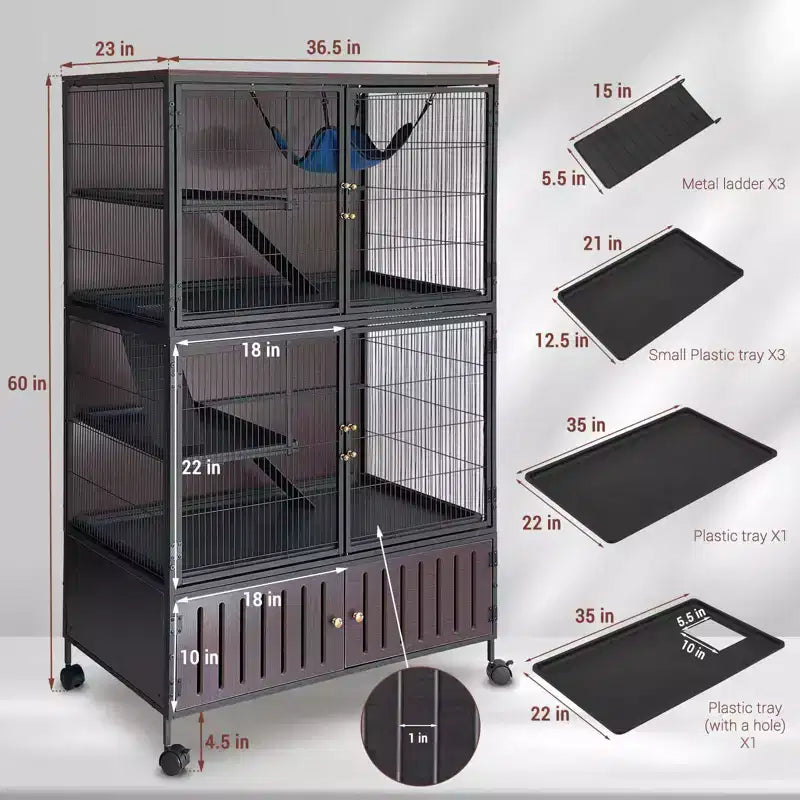 Kleintierkäfig, Frettchenkäfig – 150 cm 5-stöckiges Gehege mit Unterschrank, inklusive Hängematte/Rädern/abnehmbaren Rampen/leicht zu reinigenden Schalen