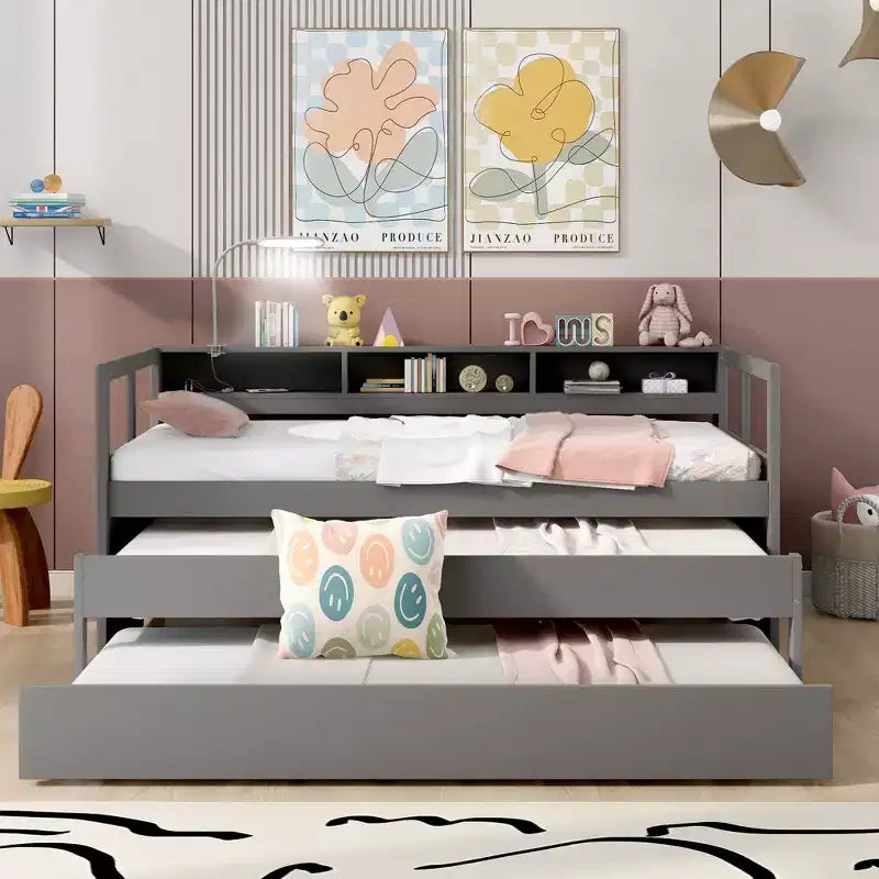 Whisen Twin XL Tagesbett aus Holz mit 2 Ausziehbetten, 3 Staufächern, 1 kostenloser Leuchte und USB-Ladefunktion