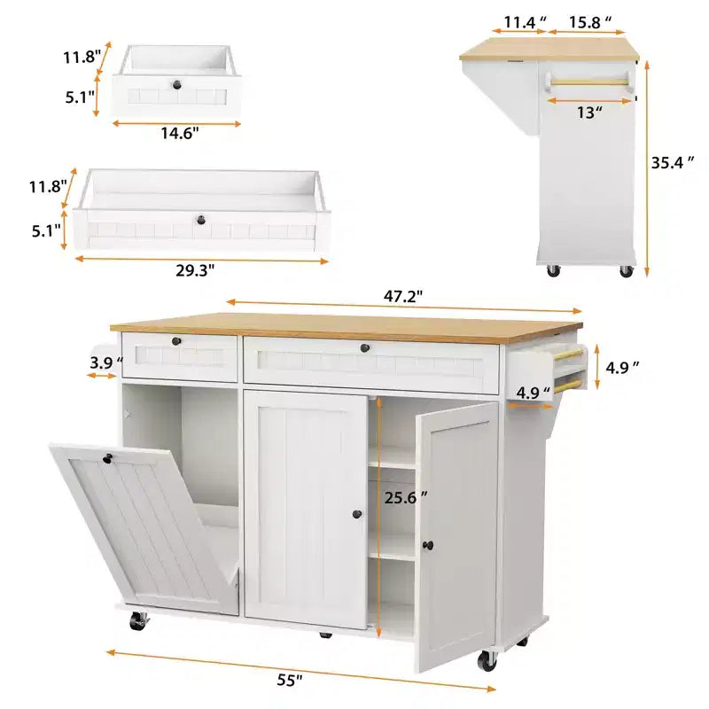 55 Mobile Kücheninsel mit Steckdose & Klappplatte, Küchenwagen Kücheninselwagen mit Müllschrank für die Küche