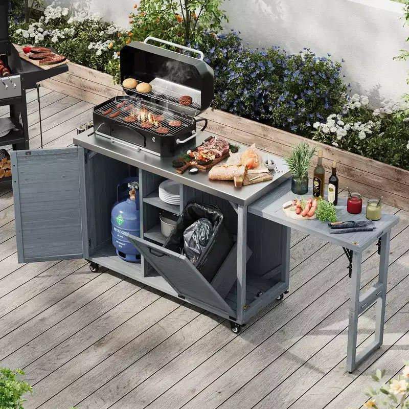 FAMYYT 78,3-Zoll-Outdoor-Kücheninsel mit Edelstahl-Arbeitsplatte, faltbarer BBQ-Station und Aufbewahrungsschränken, Graublau