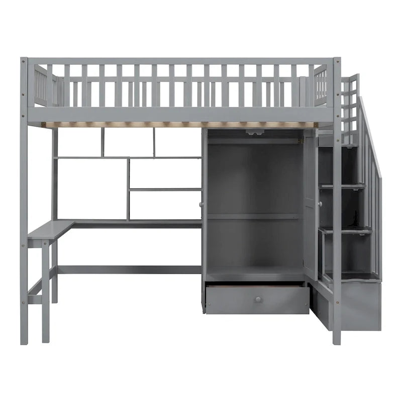 Kiefer-Hochbett mit Schreibtisch und Stauraum