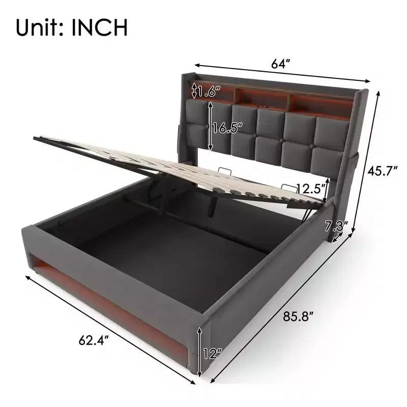 Queensize-Bett mit hydraulischem Stauraum, LED, USB, gepolstertem Kopfteil, kein Boxspringbett, einfache Montage