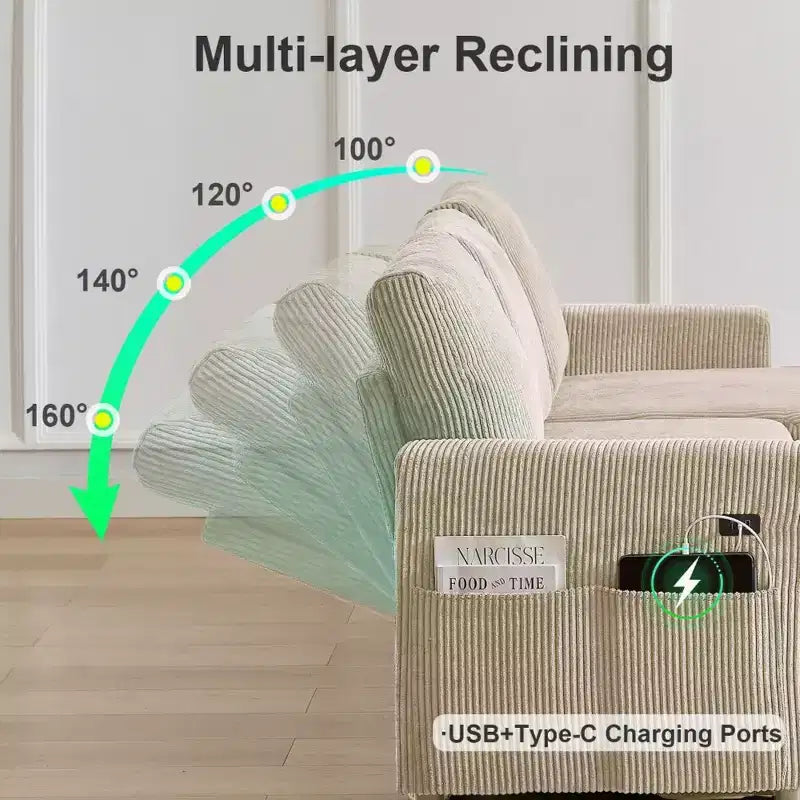 Dyonery 2-in-1 Schlafsofa ausziehbar mit Stauraum-Recamiere, Cord-Ecksofa mit USB-Anschlüssen für das Wohnzimmer