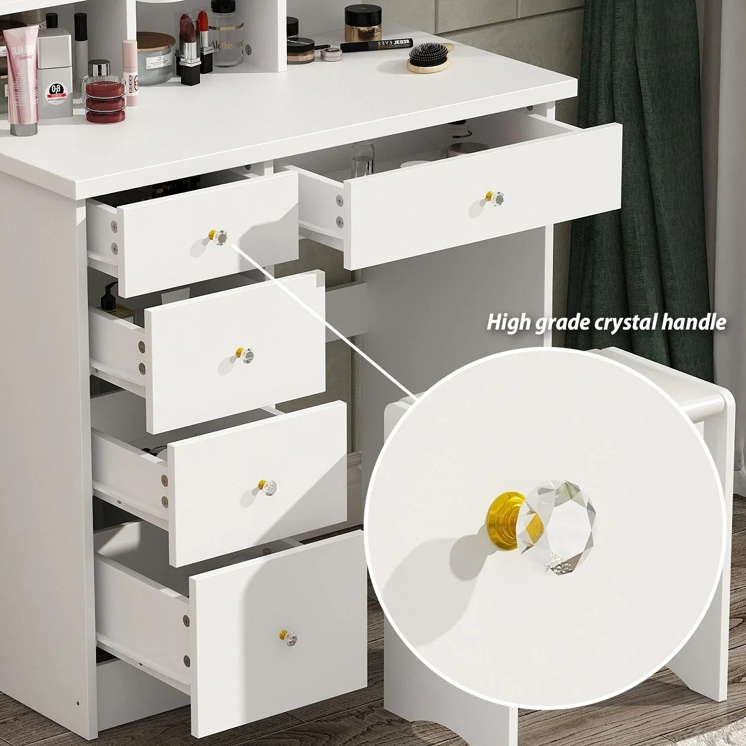 Schminktisch-Set mit LED-Beleuchtung, Spiegel und Hocker