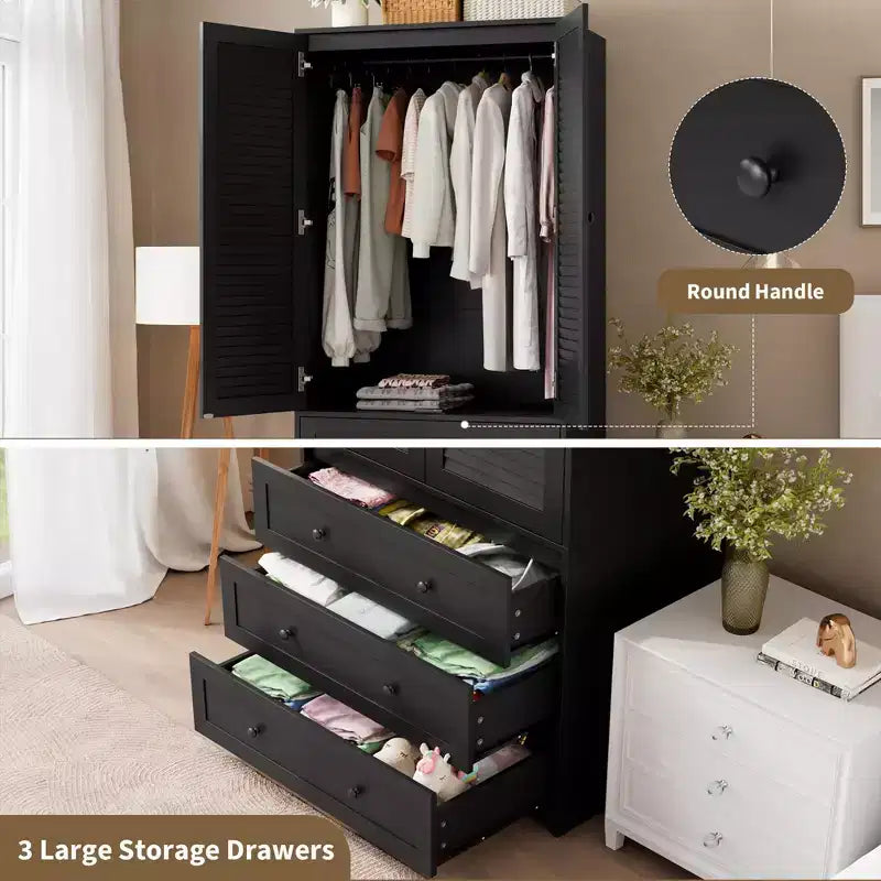 COZONY Kleiderschrank mit 3 Schubladen und 2 Türen, moderner Holzschrank für Schlafzimmer, robuster weißer Stehschrank