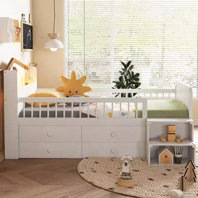 Whisen niedriges Etagenbett mit LED-Beleuchtung, Kopfteil in Hausform und Aufbewahrungsschubladen, solide Konstruktion