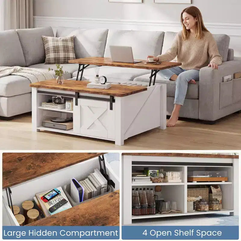 JIONJOY 31.5 Couchtisch mit anhebbarer Platte und großem verstecktem Stauraum, verstellbaren Regalböden, quadratischer Beistelltisch im Landhausstil für Wohnzimmer, kleine Räume