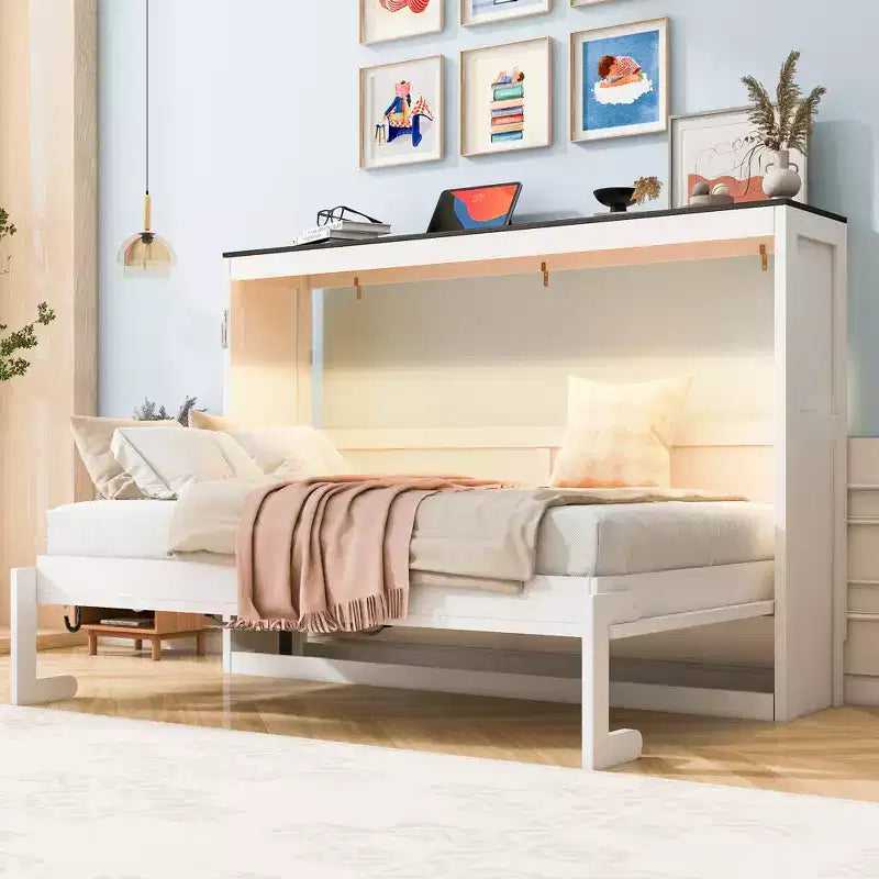 Doppelbett Murphy-Bett mit LED-Beleuchtung, kann in einen Schrank umgewandelt werden, Verstecktes Wandbett-Schrank für Gästezimmer