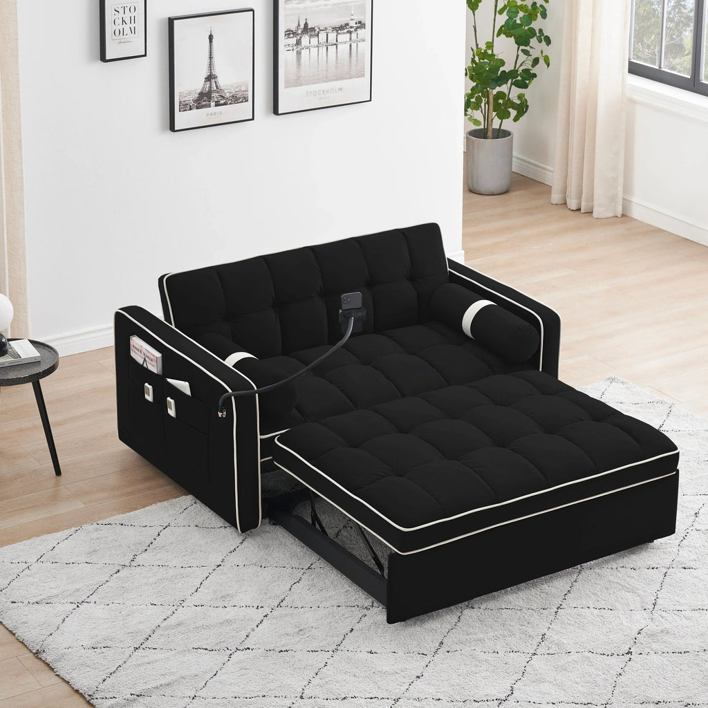 Samt-Schlafsofa zum Umbauen, 140 cm, 2-Sitzer, mit Ausziehbett, verstellbarer Rückenlehne, Seitentaschen und Handyhalterung