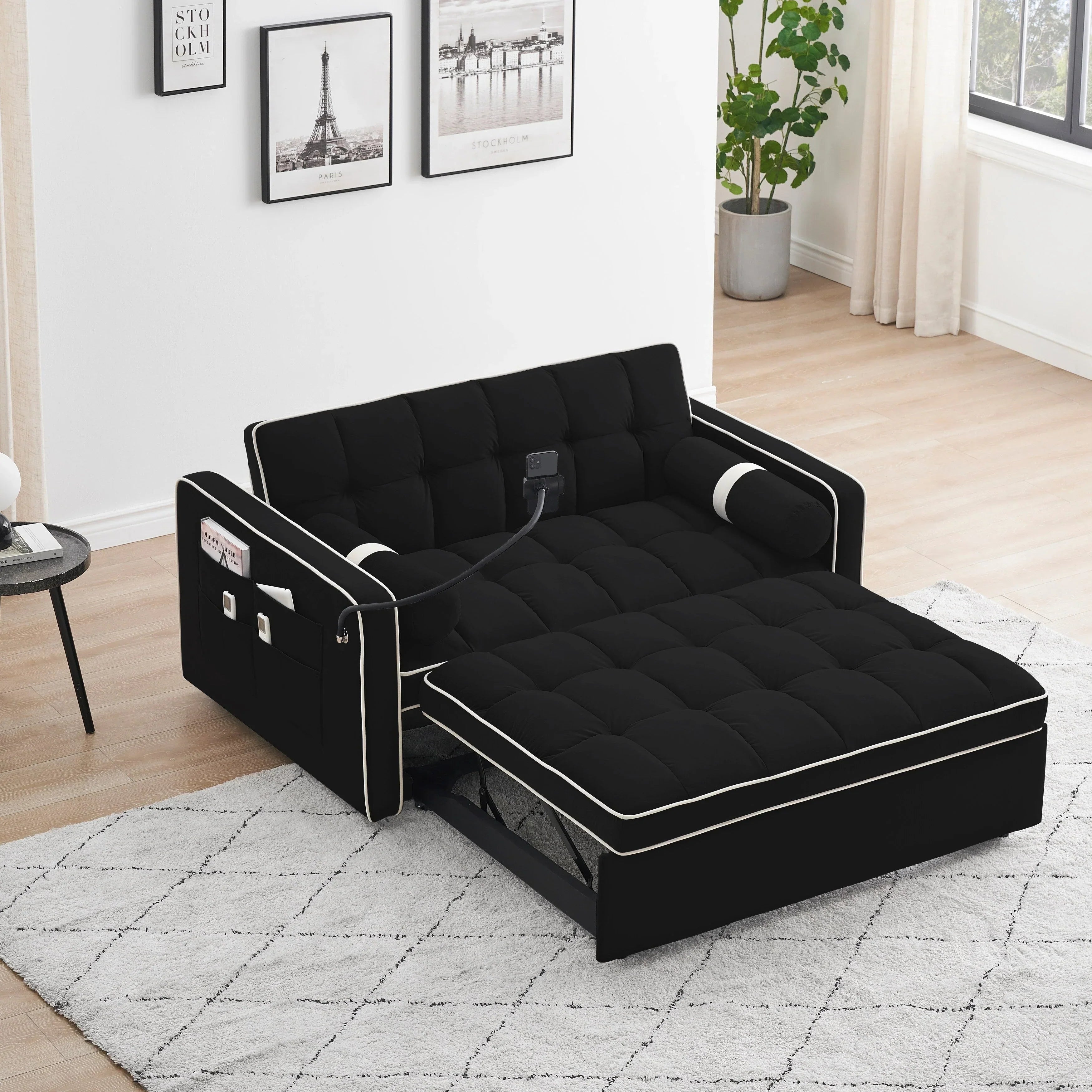 Samt-Schlafsofa zum Umbauen, 140 cm, 2-Sitzer, mit Ausziehbett, verstellbarer Rückenlehne, Seitentaschen und Handyhalterung
