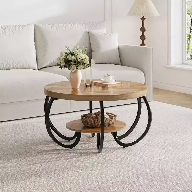 30 Zoll runder industrieller Couchtisch, 2-stöckig mit verstellbaren Füßen, Holzmaserungsablage, Flammendesign, einfache Montage, Wohnzimmer