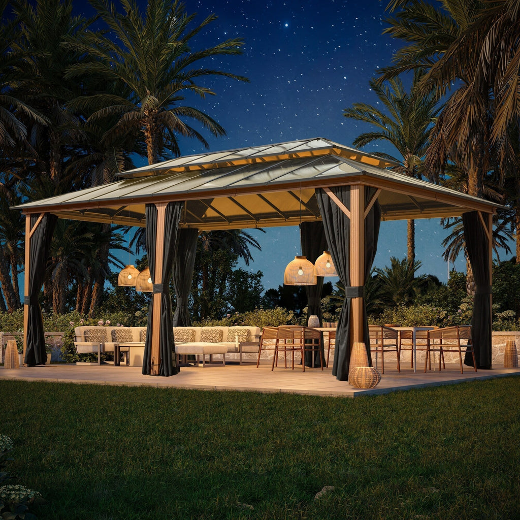 EROMMY Hardtop-Pavillon, Outdoor-Pergola mit Doppeldach & Netzen & Vorhängen, Hochleistungs-Canopy für Terrasse, Garten, Poolparty