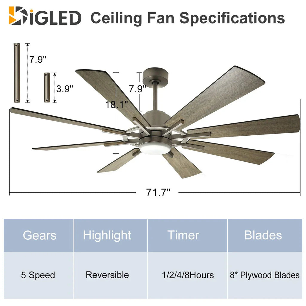 Deckenventilator mit Beleuchtung, Fernbedienung, groß, 8 Holzflügel