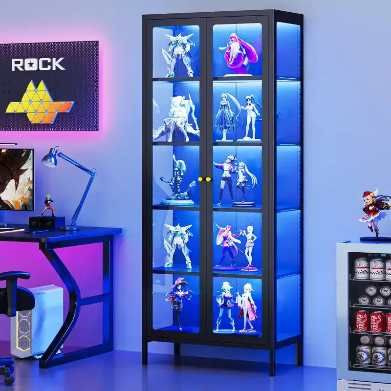 Bekrvio 67H Vitrine mit 3-seitigem Glas und LED-Beleuchtung, 5-Lagen-Aufbewahrung mit Doppeltüren und Metallrahmen für Sammlerstücke, ideal für kleine Räume