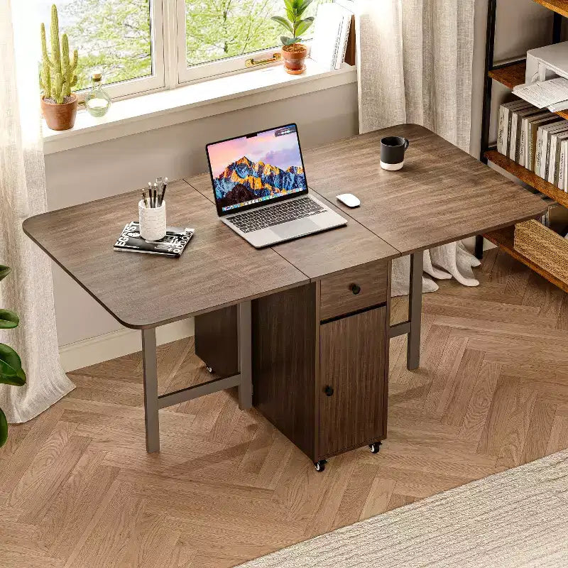 ATJafurn 59'' Klappbarer Esstisch mit Klappplatten für kleine Räume, rechteckiger, ausziehbarer Küchentisch aus Holz mit Rollen und Stauraum