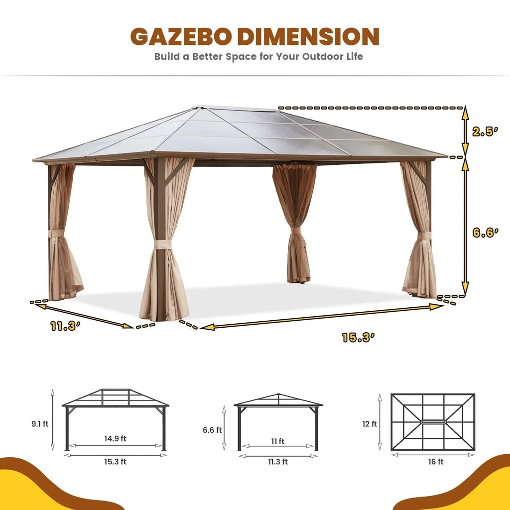 EROMMY Hardtop-Pavillon, Outdoor-Pergola mit Doppeldach & Netzen & Vorhängen, Hochleistungs-Canopy für Terrasse, Garten, Poolparty