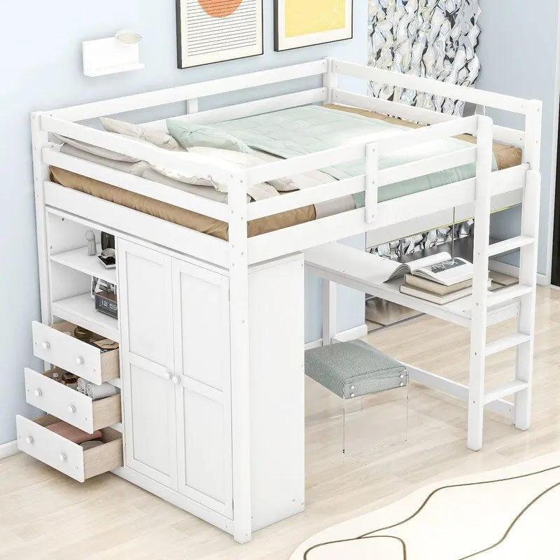 Vollholz-Hochbett mit integriertem Kleiderschrank, Schreibtisch, Ablagefächern und Schubladen