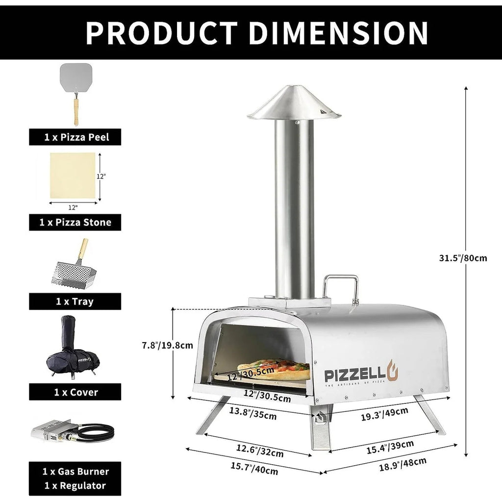 Multi-Brennstoff Outdoor Pizzaofen Steinbackofen mit Gasbrenner & Holzfach - 30 cm