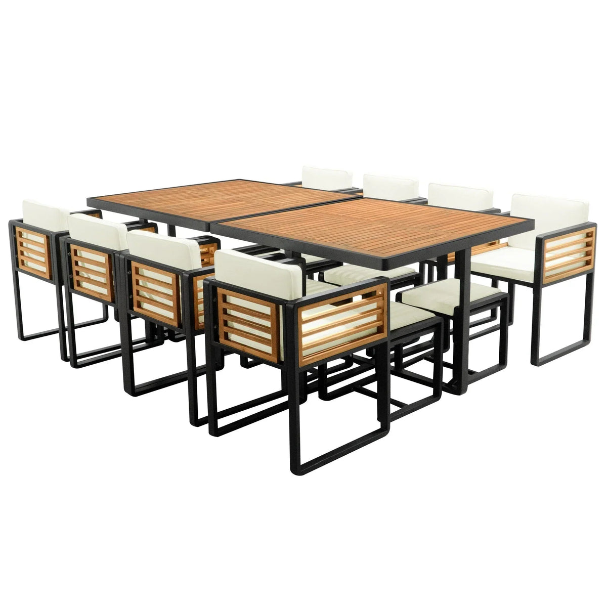 18-teiliges Terrassen-Essgruppen-Set aus Akazienholz, 8 gepolsterte Stühle & 8 Hocker & 2 quadratische Tische