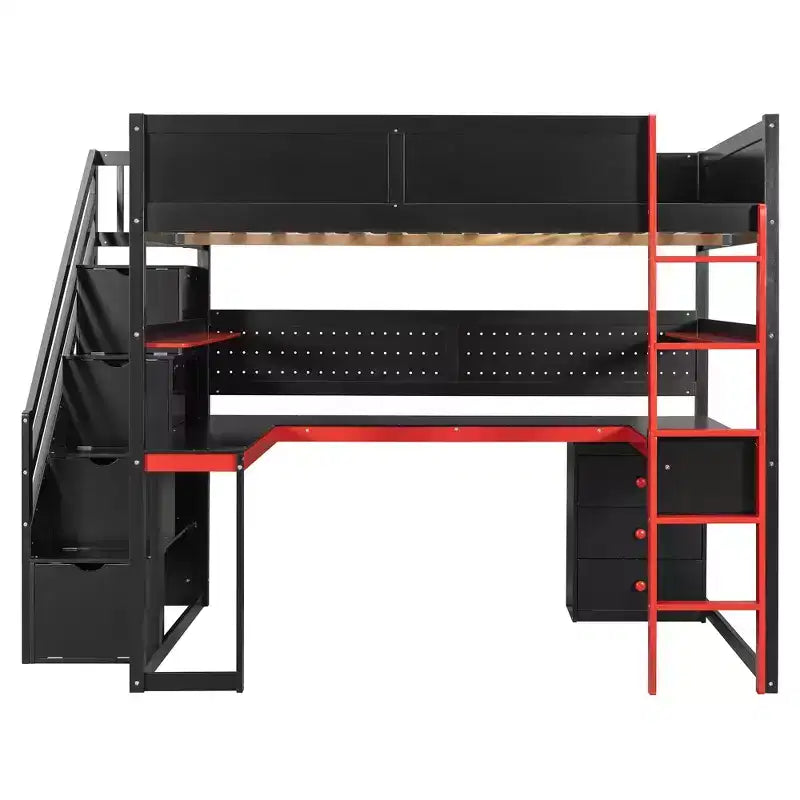 GDFStudio Scott hölzernes Gaming-Hochbett mit Stauraumtreppe, Schreibtisch, Regalen und Lochwand