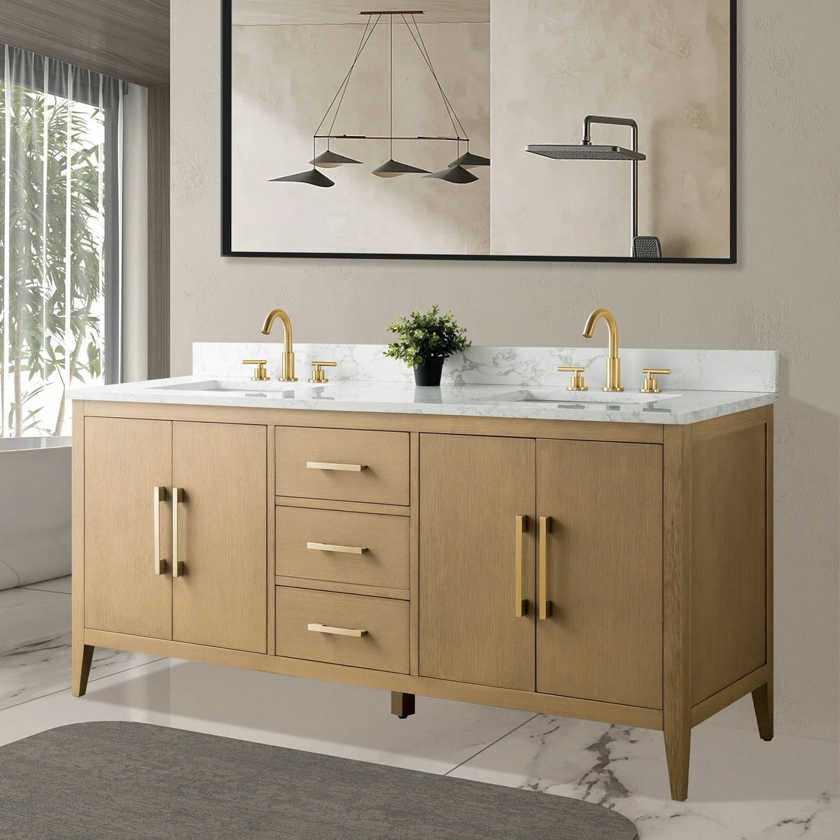 Vanity Art 72 Zoll Badezimmer-Waschtischunterschrank mit Doppelwaschbecken und Kunstmarmorplatte