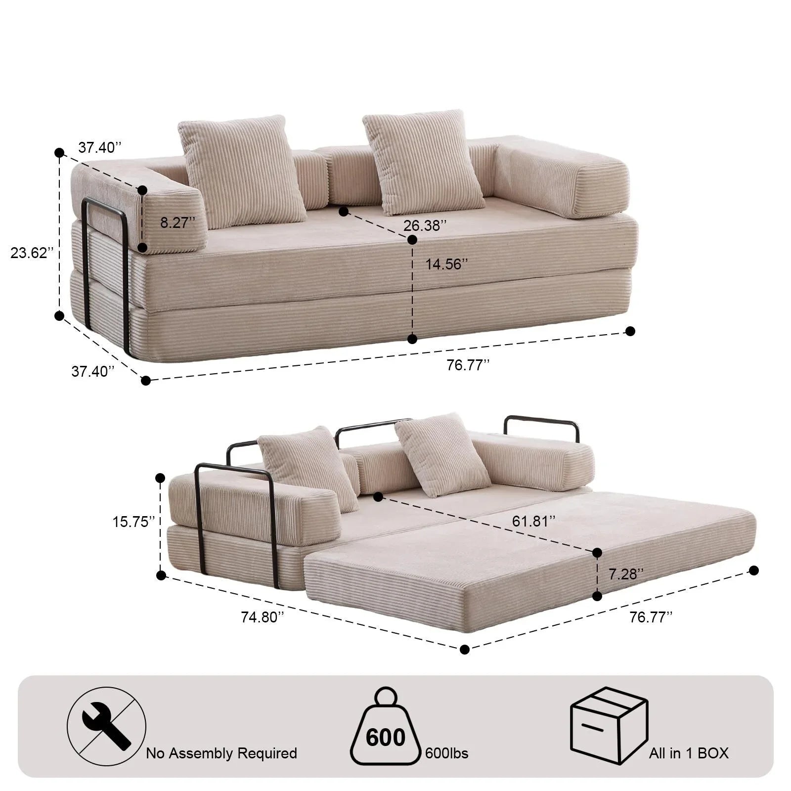 Umwandelbares Bodenschlafsofa mit Rückenkissen, Chenille-Gewebe für Wohnzimmer Schlafzimmer