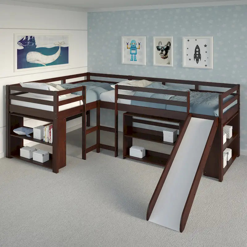 Doppeltes L-förmiges Etagenbett mit Rutsche und Schlafzimmermöbel-Set in dunklem Cappuccino