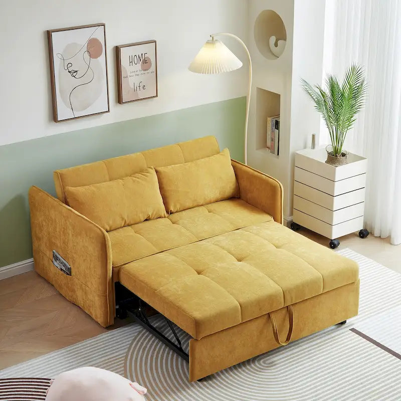 Gelbes Chenille-Schlafsofa zum Ausziehen – 39,00 x 53,50 x 31,50