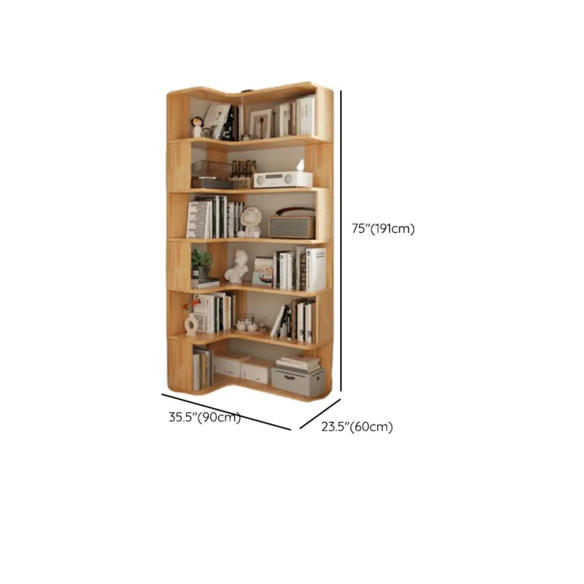 L-förmiges offenes Bücherregal aus Holz mit Naturfinish