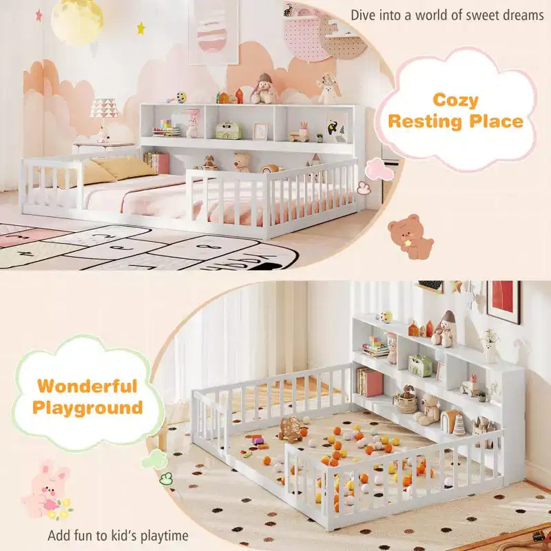 Montessori-Bodenbett für Einzel-/Doppelbetten mit Bücherregal, Ablagefächern und Sicherheitsgeländer, Weiß/Grau