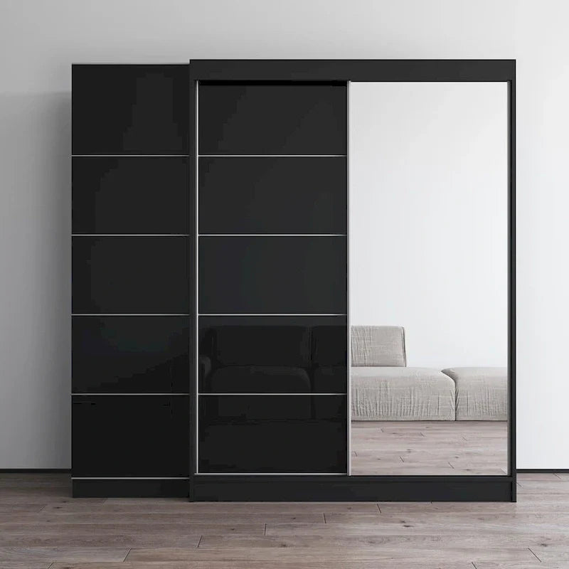 2-türiger Kleiderschrank mit Spiegel, Glasfront, 2-Personen (Grau / Schwarz / Weiß)