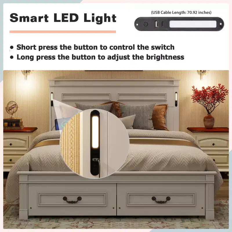 ModernLuxe Bettrahmen für Queensize-/Kingsize-Betten mit hohem Kopfteil, rustikales Holzbettgestell mit 2 Schubladen, LED-Beleuchtung und USB-Anschlüssen
