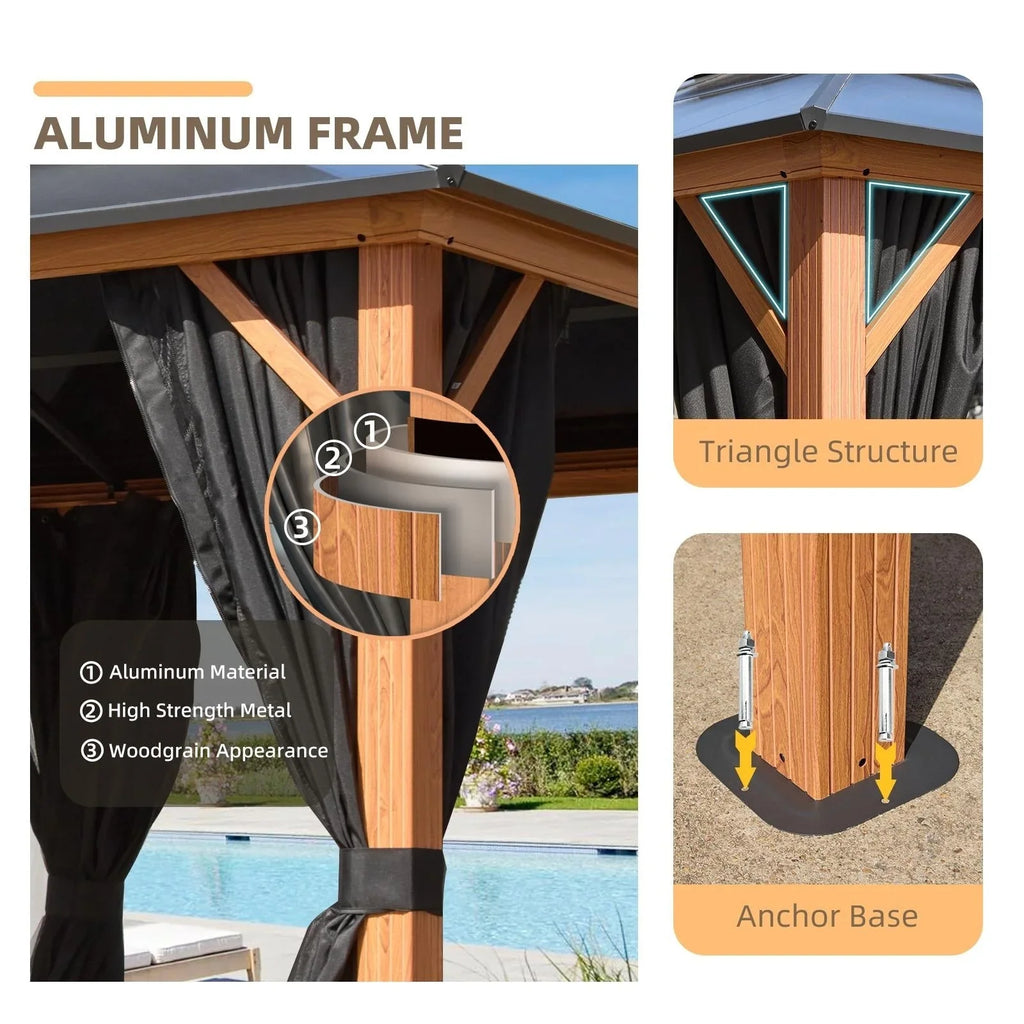 EROMMY Hardtop-Pavillon, Outdoor-Pergola mit Doppeldach & Netzen & Vorhängen, Hochleistungs-Canopy für Terrasse, Garten, Poolparty