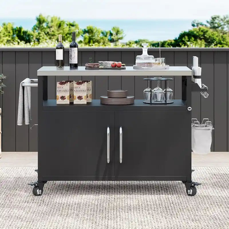 Outdoor-Kücheninsel mit Edelstahl-Arbeitsplatte, Metall-Grillwagen mit Stauraum - N/A